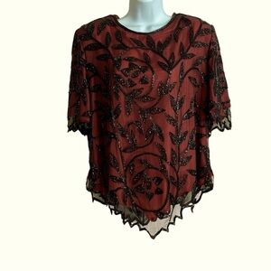Red Black Beaded Silk Blouse Top Size Large Short Sleeve Floral Old Money Glam